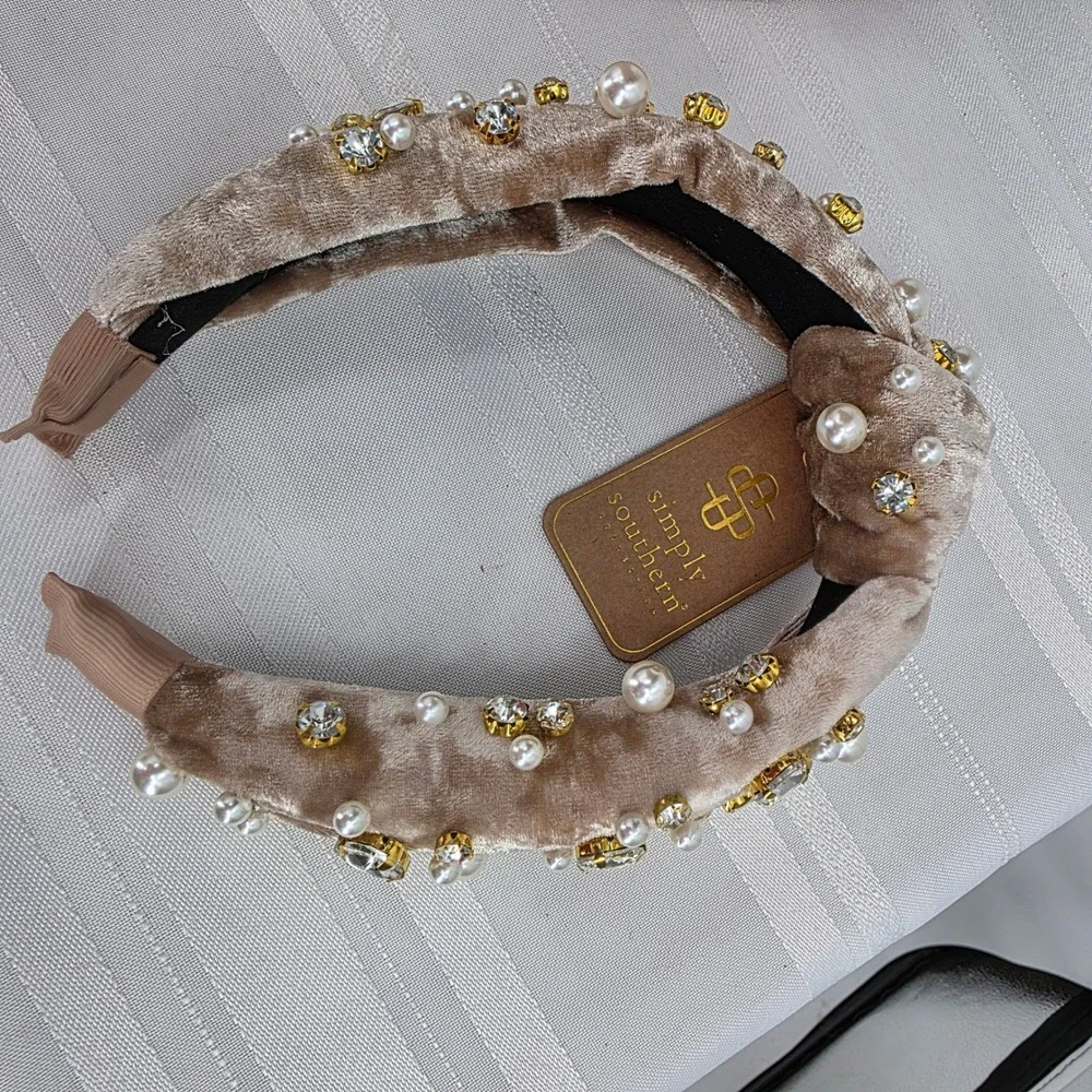 SIMPLY SOUTHERN Champagne Velvet Pearl Rhinestone Embellished Headband NWT
